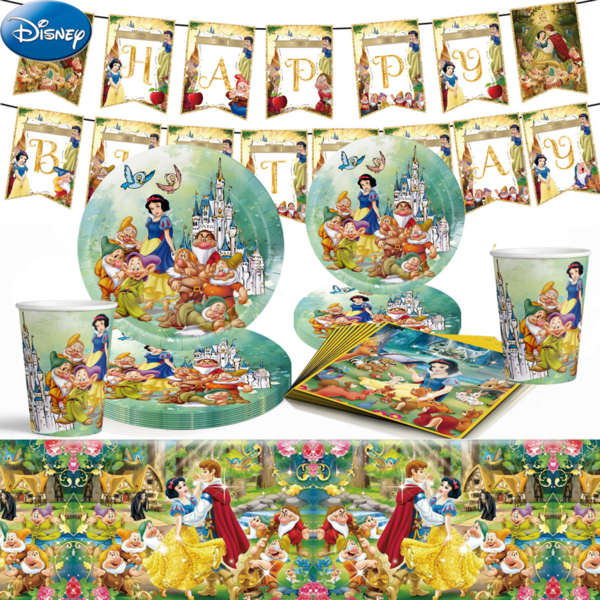 Classic Seven Dwarfs Complete Party Decoration Set, Includes Disposable Paper Plates, Cups, Napkins, Birthday Banner, Tablecloth, Fairy Tale Princess Theme Birthday, Christmas And Anniversary Supplies