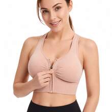 Sport Solid Front Zipper Racerback Cutout Back Sports Bra, Wirefree Removable Padded Shockproof Yoga Gym Workout Tank Top - Pink - View 1
