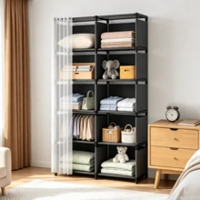 Platzsparender tragbarer Kleiderschrank mit 5 Regalböden, 10 Fächern, freistehend, staubdichter Organizer für Kleidung, Schuhe und Accessoires, mehrschichtiges mobiles multifunktionales Regal für Zuhause und Schlafzimmer - Übersicht 8