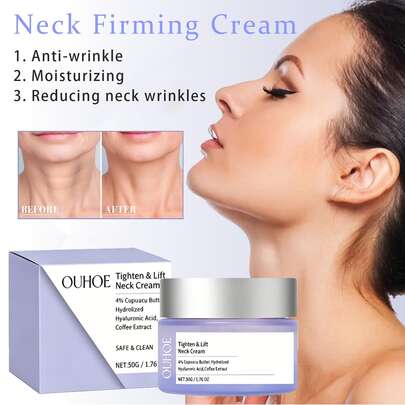 OUHOE 50g, Neck Firming Cream, Anti Aging Neck, Reduces Wrinkles & Fine Lines, Tightens Sagging Skin, Lifts Double Chin, Deep Hydrating, Non Greasy Fast Absorb