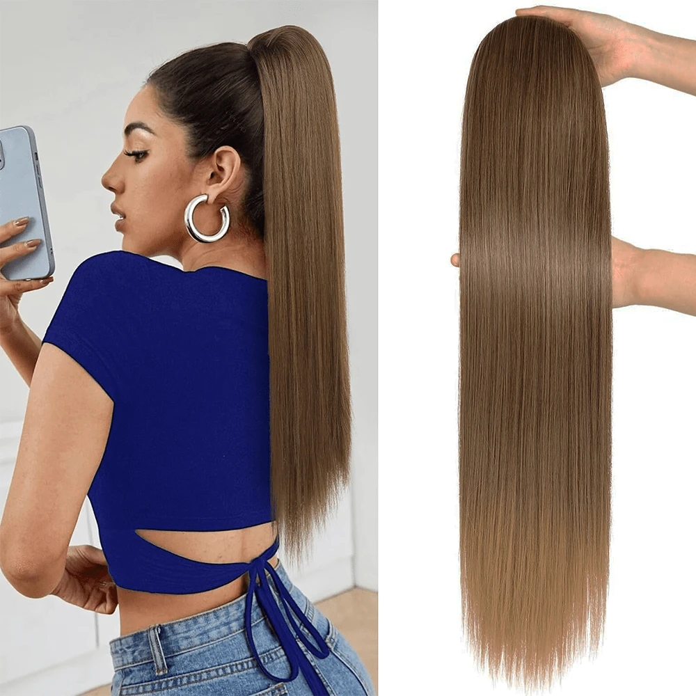 Extensión de cabello de cola de caballo con cordón, cola de caballo falsa larga y recta, extensión de cabello natural y suave con clip, peluca sintética resistente al calor de 32 pulgadas, 165g, 30# - Marrón Mocha - Ver 1