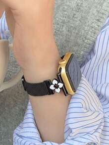 1件中性時尚三葉草米蘭式錶帶，適用於Apple Watch 44/40/41/45/42/46/38/Ultra 2 49mm，磁吸金屬錶鏈，奢華不鏽鋼錶帶，適用於Series 11 10 9 8 7 SE 6 5 4 3 2 1，適用於Apple Watch女款錶帶，時尚智慧手錶錶帶 - 黑色 - 查看 9