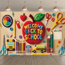 1件開學季橫幅，紅色蘋果搭配彩色3D文字「Welcome Back To School」，卡通文具設計，適合教室裝飾、開學主題會議等場合 - A - 查看 4