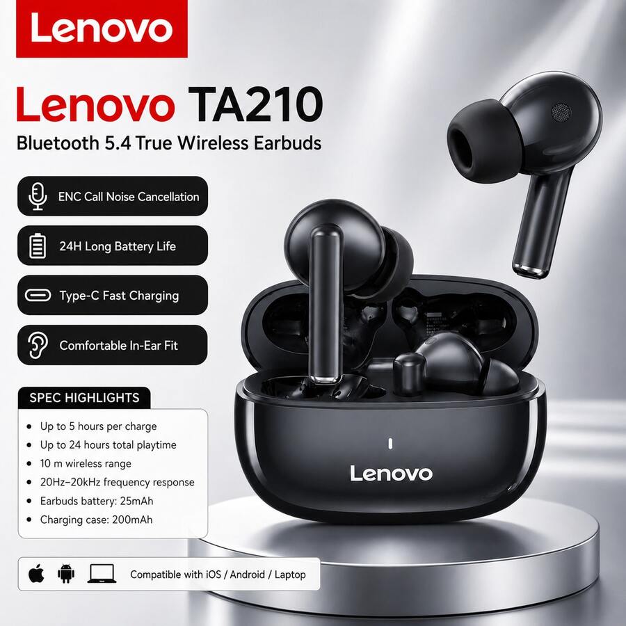 Lenovo TA210 藍牙耳機,具備 Hi-Fi 立體聲與清晰通話 ENC 降噪 - 查看 1