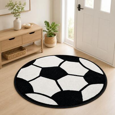 1pc/10pcs 2D Soccer Bathroom Anti-Slip Mat, Flannel Material, Round Rug, Plush Decoration, Suitable For Bathroom, Entrance, Kitchen, Living Room And Other Occasions, Machine Washable, Non-Slip, Christmas Decor, Gift Choice