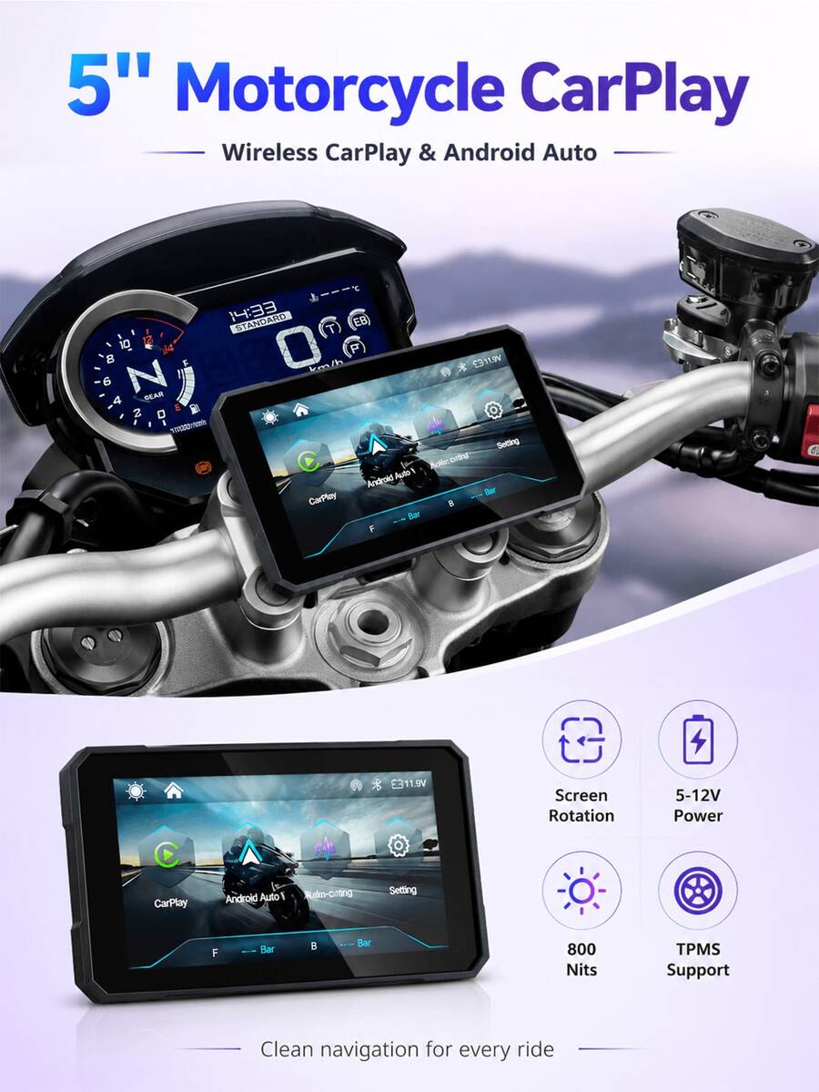 Pantalla Carplay para Motocicleta, Carplay Inalámbrico y Android Auto para Moto, con Pantalla HD de 5 Pulgadas y Soporte Ajustable, Compatible con Audio/Navegación Inalámbrica, sin Batería