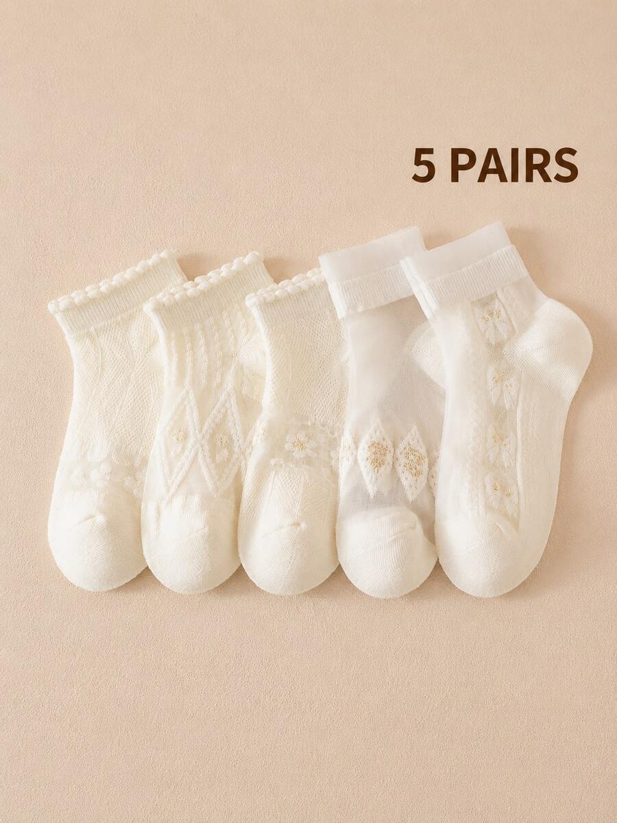 5 pares de calcetines cortos para niñas color blanco roto con encaje, bordado floral, malla patchwork, pompones, volantes y tejido calado - Multicolor - Ver 1