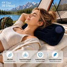 1pc Inflatable Pillow, Foldable And Portable, Press-To-Inflate, Soft Fleece Material, Suitable For Travel, Airplane, Car, Home, Office Nap, Camping And More. Lightweight And Foldable, Travel Essential. - Navy Blue - View 2