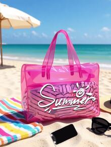 Transparent Waterproof Toiletry Bag With "Summer" Letter Print, Suitable For Storing Shampoo, Lotion, Cosmetics And Other Bathroom Supplies, Adding Fashionable And Practical Design For Travel And Daily Use, Suitable For Travelers, Office Workers, Students, Beauty Enthusiasts, Can Be Used For Travel, Fitness, Hotel Stays, Daily Bathroom Storage, Multi-Functional As Toiletry Bag, Travel Bag, Storage Bag, Beach Bag, Makeup Bag - Multicolor - View 5