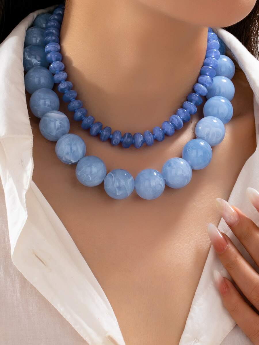 1/2pcs Blue Resin Bead Layered Necklace, Round Marble Bead Stackable Necklace, Layered Jewelry, Suitable For Women's Beach And Daily Wear - Multicolor - View 1