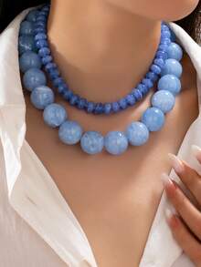 1/2pcs Blue Resin Bead Layered Necklace, Round Marble Bead Stackable Necklace, Layered Jewelry, Suitable For Women's Beach And Daily Wear - Multicolor - View 8