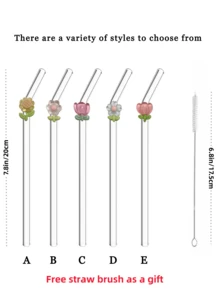 Transparent Borosilicate Glass Straws With Five Different Floral Combination Designs,Reusable And Cute,Includes A Cleaning Brush.Ideal For Cold Drinks, Smoothies, Sparkling Water, Milk Tea & Juices, Perfect For Parties, Picnics,Perfect Gift For Girls - View 11