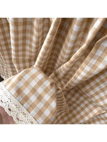 1pc Light Brown Plaid Short Curtain, Japanese Retro Style Half-Length Window Curtain, Cabinet Curtain, Bathroom Small Window Curtain - Yellow - View 4