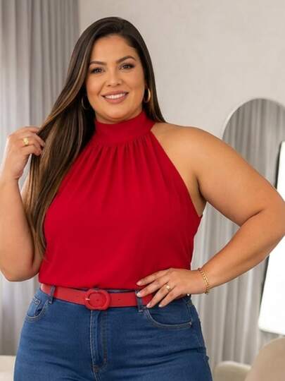 REGATA BLUSA PLUS SIZE ELEGANTE,GOLA ALTA E SEM MANGAS,TAMANHOS GRANDES