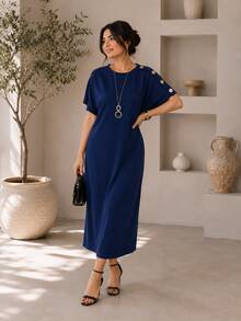 Women's Fashionable Versatile Solid Color Batwing Sleeve Casual Dress - Navy Blue - View 1