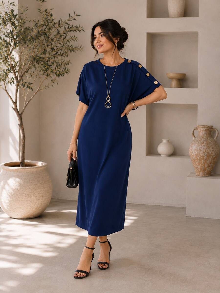 Women's Fashionable Versatile Solid Color Batwing Sleeve Casual Dress - Navy Blue - View 1
