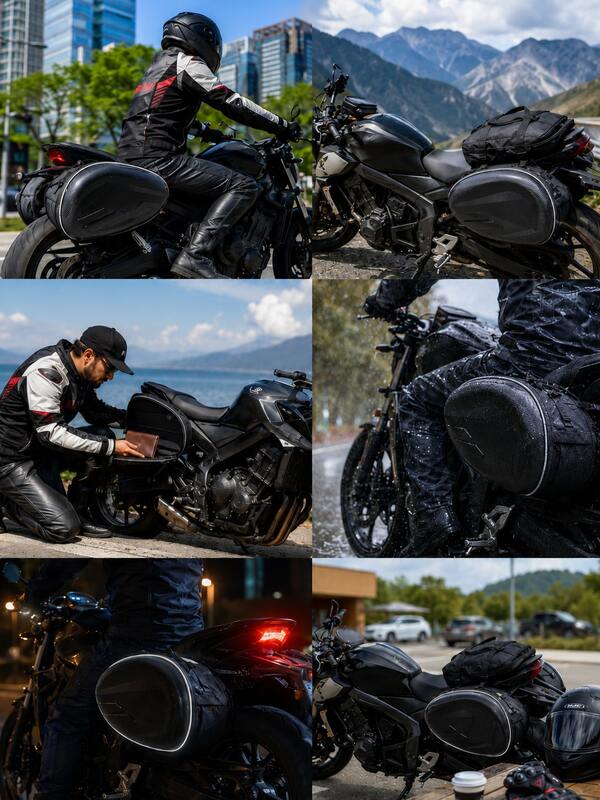Borse laterali per motocicletta impermeabili e espandibili 58L in guscio rigido in fibra di carbonio, 1 paio di borse laterali universali, borse laterali, borsa per casco e borsa da coda con striscia riflettente & sgancio rapido, per accessori e attrezzature da motocicletta da turismo, viaggio, sport, strada e cruiser