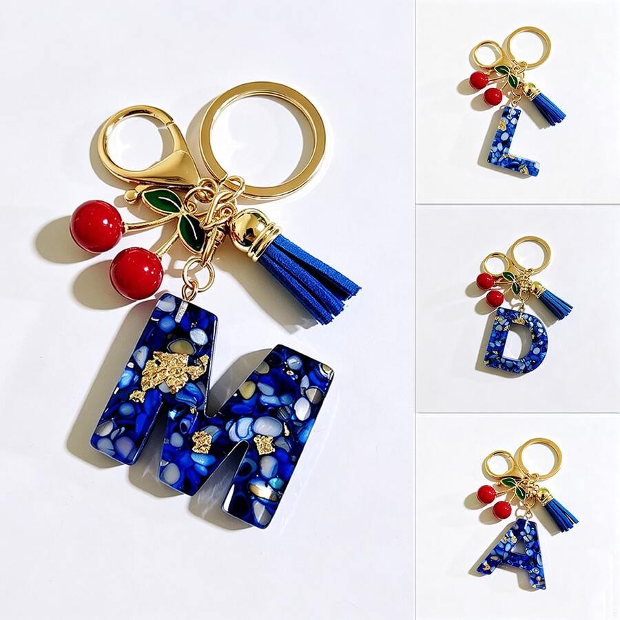A-Z Resin Initial Keychain, Holiday Gift, Royal Blue Women's Key Chain, Cherry Tassel Car Key Chain Accessory, Gift, Car Decoration, Bag Charm, Cute Gothic Y2K Style For Campus - Royal Blue - View 1