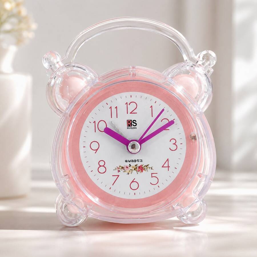 1pc Cute Pink Analog Alarm Clock, Silent Sweep No Ticking, Snooze Function, Rear Night Light Button, ABS Shell, 1 AA Battery Powered Not Included, Desktop Clock For Bedroom Bedside Office Dorm Kitchen, Birthday Christmas Gift