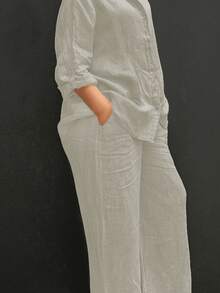 Slim-Fit Polo Collar Casual Cardigan, Versatile Solid-Color Stylish Shirt For The Beach, Everyday Wear, Work, Soft And Comfortable Fabric; Loose-Fitting Elastic-Waist Pants - 杏子 2 - 查看 1