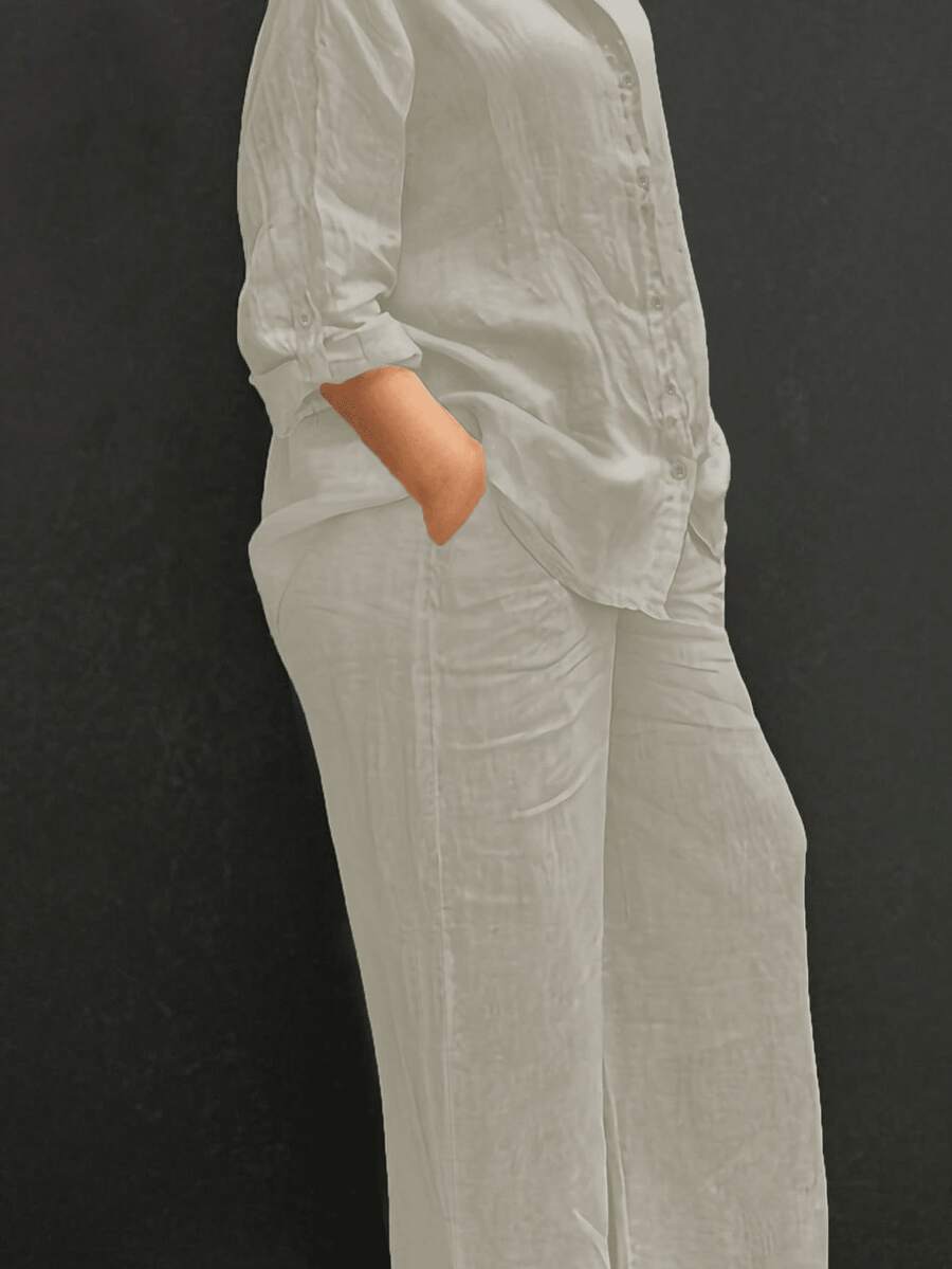Slim-Fit Polo Collar Casual Cardigan, Versatile Solid-Color Stylish Shirt For The Beach, Everyday Wear, Work, Soft And Comfortable Fabric; Loose-Fitting Elastic-Waist Pants - 杏子 2 - 查看 1