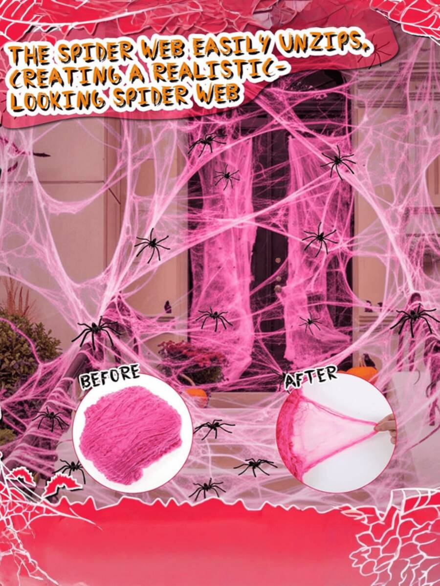 Dekorasi Halloween Baru: Jaring Laba-laba Katun Merah Muda, Dekorasi Adegan Jaring Laba-laba, Jaring Laba-laba Merah Muda, Properti Rumah Hantu - berwarna merah muda - View 1