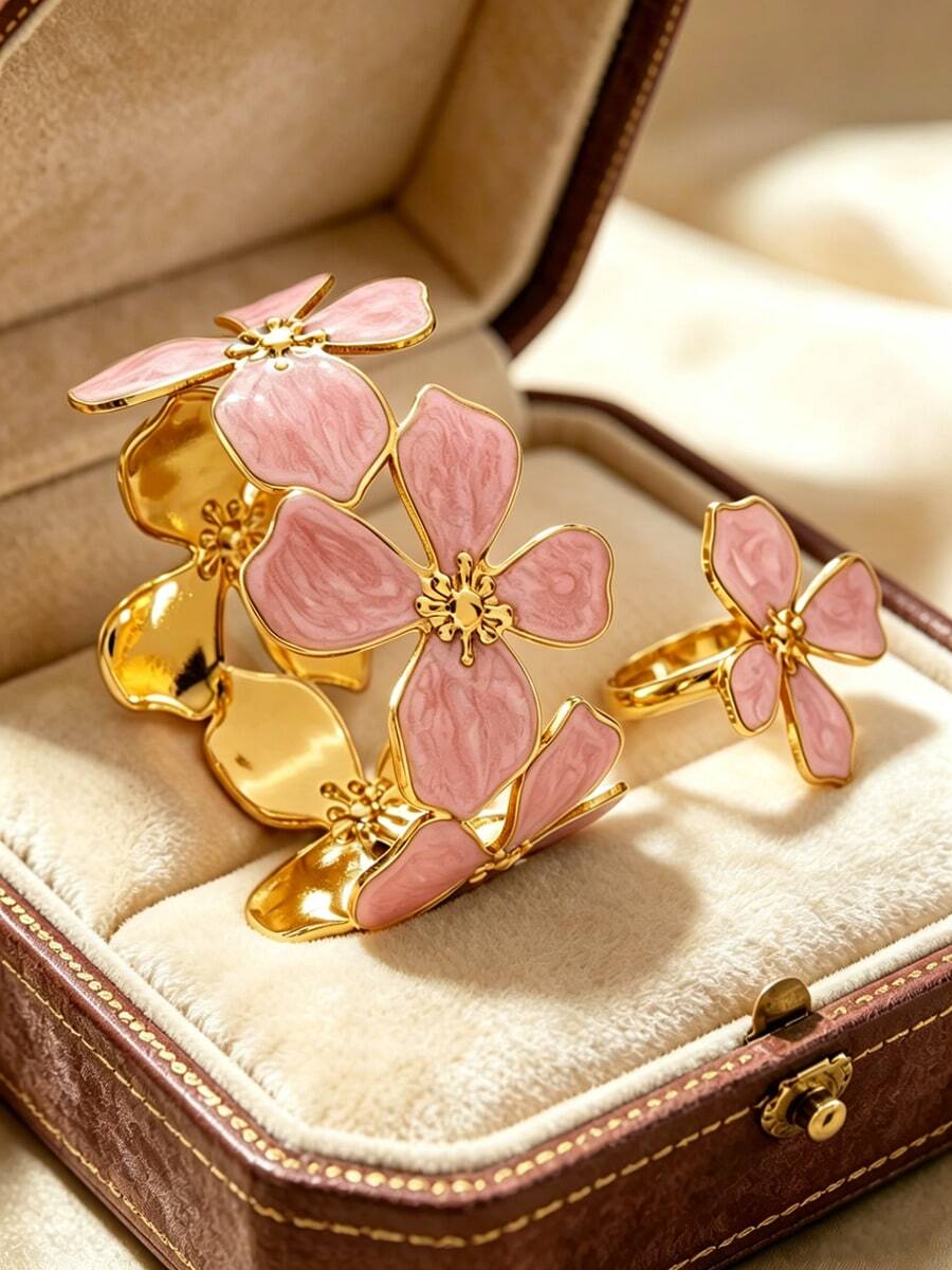 2PCS Minimalist Fashion Vintage Elegant Gentle Style Oil Drop Enamel Four-Leaf Flower Bracelet & Ring Set, Stainless Steel Women's Jewelry Set, Suitable For Daily Wear/Garden Party/Evening Party/Afternoon Tea/Street Style/Holiday Gift For Girlfriend - Yellow Gold - View 1