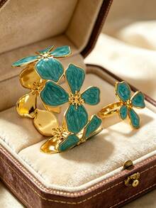 2PCS Minimalist Fashion Vintage Elegant Gentle Style Oil Drop Enamel Four-Leaf Flower Bracelet & Ring Set, Stainless Steel Women's Jewelry Set, Suitable For Daily Wear/Garden Party/Evening Party/Afternoon Tea/Street Style/Holiday Gift For Girlfriend - Yellow Gold - View 4