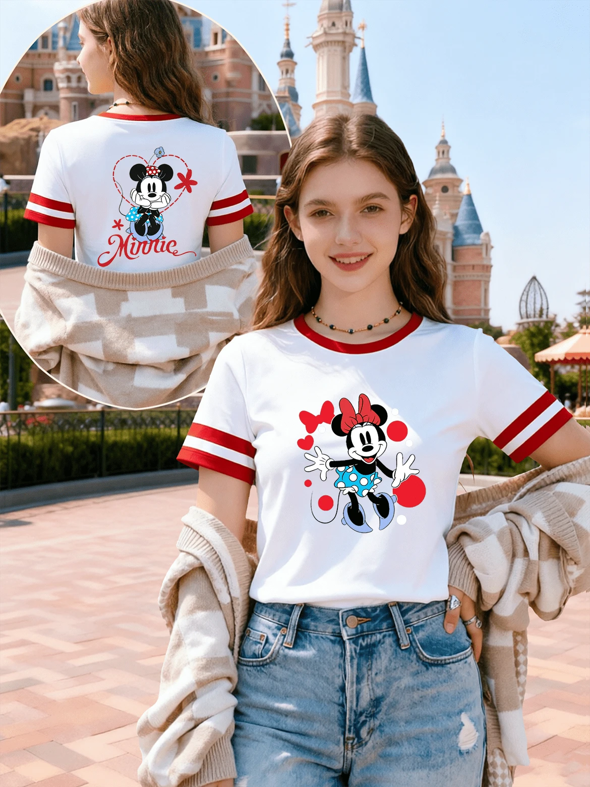 Disney Minnie Mouse Energetic Red Bow Polka Dot Print T-Shirt, Sweet And Casual Short-Sleeved Top For Summer (Girls'Tops/Women's Clothing/Casual Tops) - White - View 1