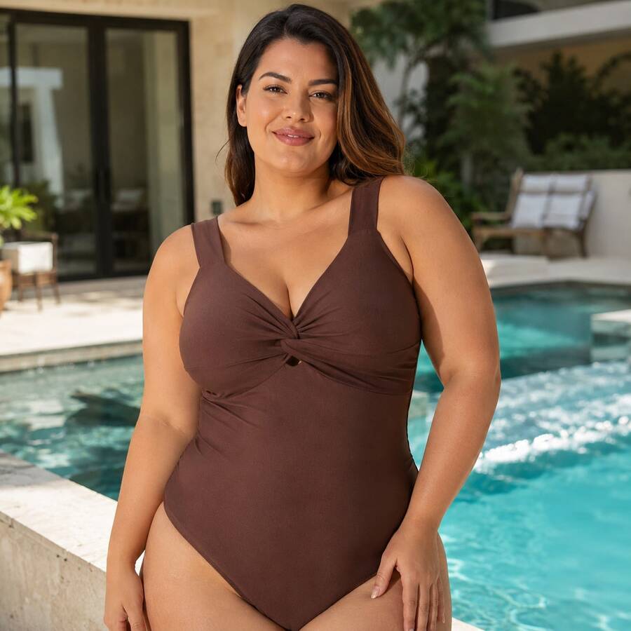 Plus Size Crossover Swimsuit, Casual And Elegant. - 鏽棕色 - 查看 1