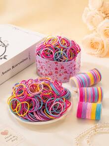 100pcs Women's Colorful Elastic Hair Bands And Small Finger Rings, Daily Casual Hair Accessories For Back To School Season - 彩色 - 查看 1