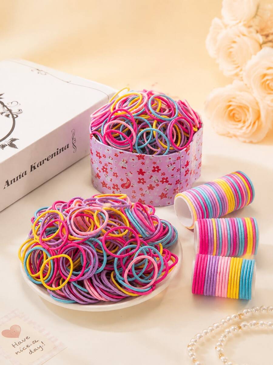 100pcs Women's Colorful Elastic Hair Bands And Small Finger Rings, Daily Casual Hair Accessories For Back To School Season - 彩色 - 查看 1