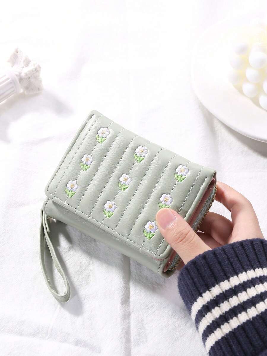 清新風格刺繡花卉三折小錢包零錢包附手腕掛繩 - 淺綠色 - 查看 1