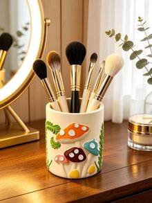 1pc Cute Mushroom & Line Pattern Makeup Brush Holder, Cream Style Large Capacity Desktop Makeup Brush Bucket, Exquisite Desktop Storage For Vanity, Bathroom And Bedroom, Large Capacity Cosmetic Storage Cup, Smooth Glazed Vanity Organizer, Ideal Gift For Women, Home Decor - A - View 2