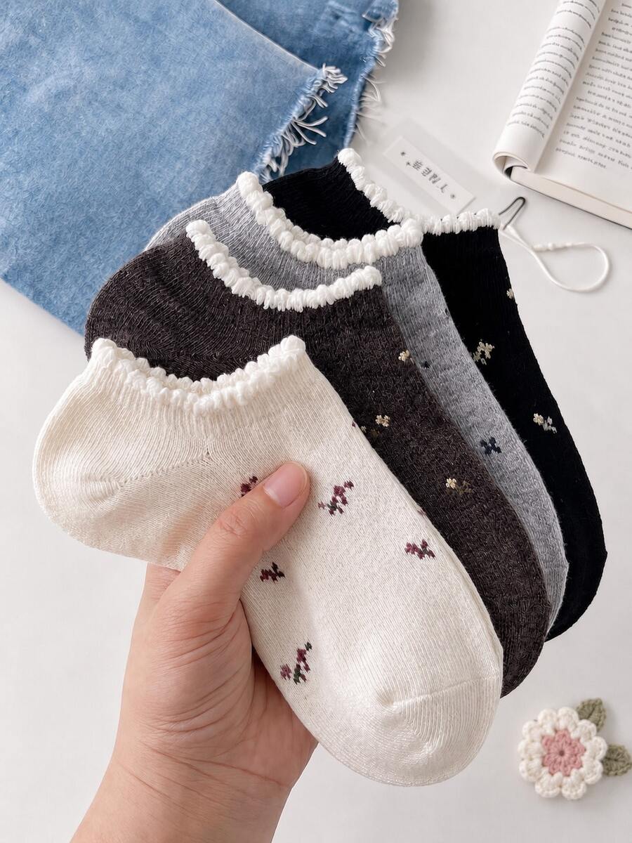 5 Pairs Random (Non-Embroidered) Multicolor Ditsy Floral Boat Socks, Breathable & Comfortable, Suitable For All Seasons, Random Colors - Multicolor - View 1