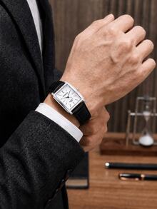 1PC Men's Black PU Leather Strap Square Dial Quartz Watch, Stainless Steel Case Business Fashion Men's Watch, Suitable For Business Occasions And Daily Wear As Birthday Gift, Christmas Gift, Men's Anniversary Gift - Black - View 11
