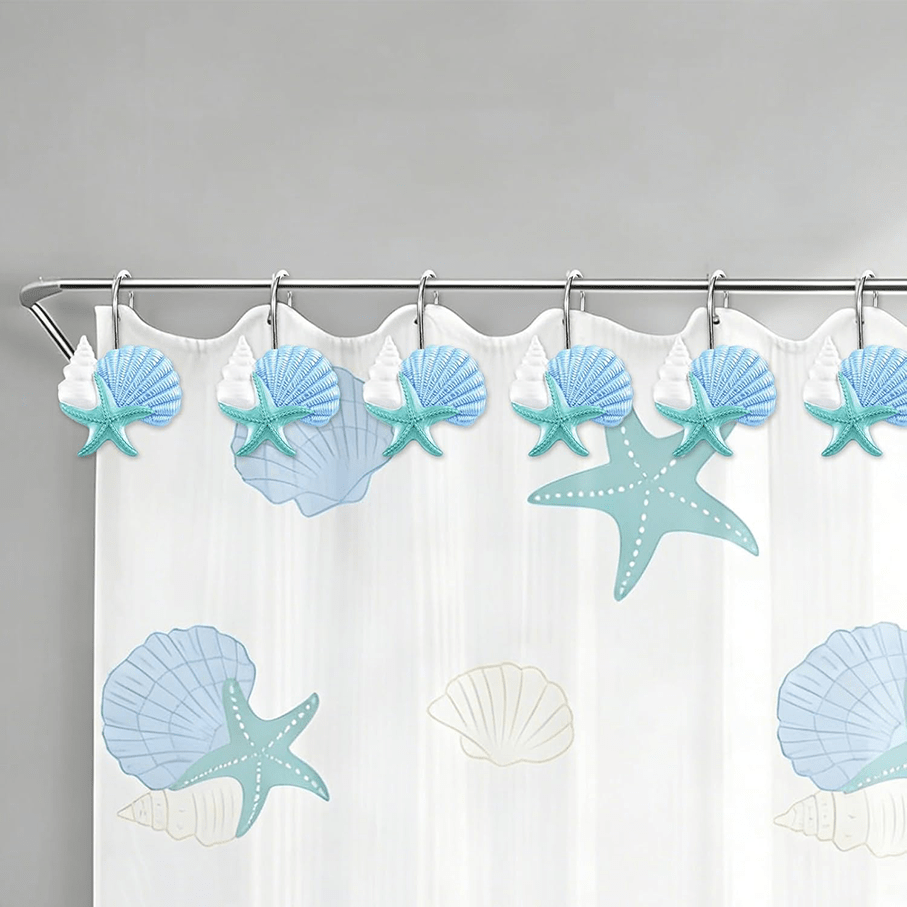 12 piezas Ganchos para cortina de ducha con tema oceánico, Ganchos para cortina de ducha con conchas, Ganchos decorativos para cortina de ducha de acero inoxidable a prueba de óxido con tema oceánico de resina pintados a mano con estrellas de mar y caracoles, Ganchos para cortina de ducha con conchas, Accesorios para cortina de ducha, Decoración de baño, Accesorios de baño, Deslizamiento libre