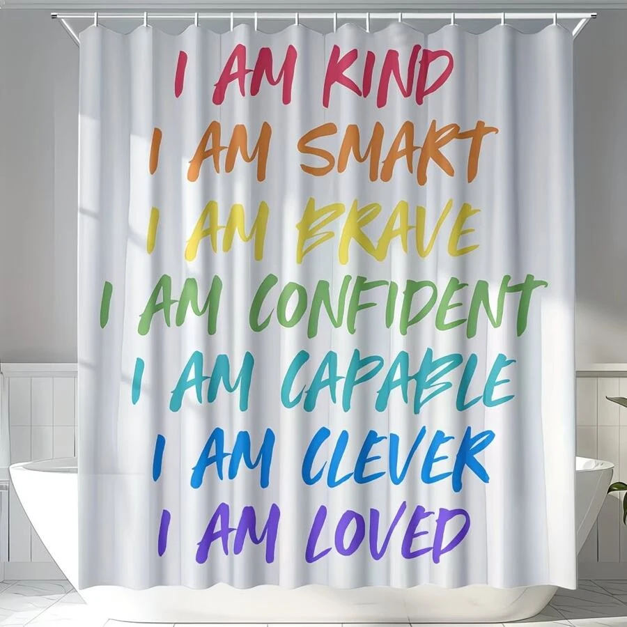 1pc Multi-Size Rainbow Inspirational Text Print Shower Curtain - Suitable For Bathroom Decor, Easy To Clean, Exquisite Home Decor And Practical Home Decor Gift - Comes With 12 Plastic Hooks - Multicolor - View 1