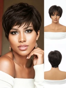 Wig Bob Elf Hitam Alami 8 Inci dengan Poni, Serat Sintetis Tahan Panas, Topi Jala yang Dapat Diatur dan Bernapas, Cocok untuk Pemakaian Sehari-hari, Kantor, Kencan, Pesta Halloween - Hitam - View 4