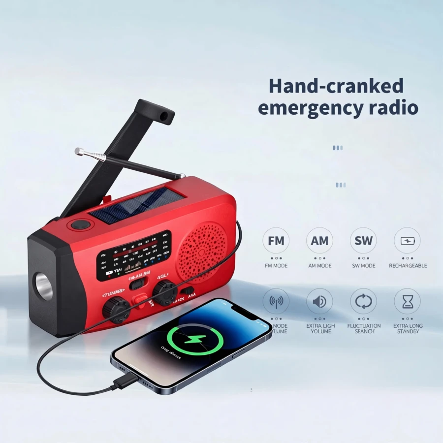 Multi-Function Hand Crank Solar Emergency Radio, Outdoor Disaster Preparedness Charger With LED Lighting, AM/FM/NOAA Portable Weather Radio, 2000mAh Power Bank For Phone Charging, Built-In 2000mAh Rechargeable Battery & Supports 3 AAA Batteries For Emergency Use, Solar USB Charging Radio For Indoor & Outdoor Camping