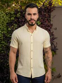 Men's Short-Sleeve Shirt With Mandarin Collar, Lightweight For Work And Leisure - 黃色 - 查看 1