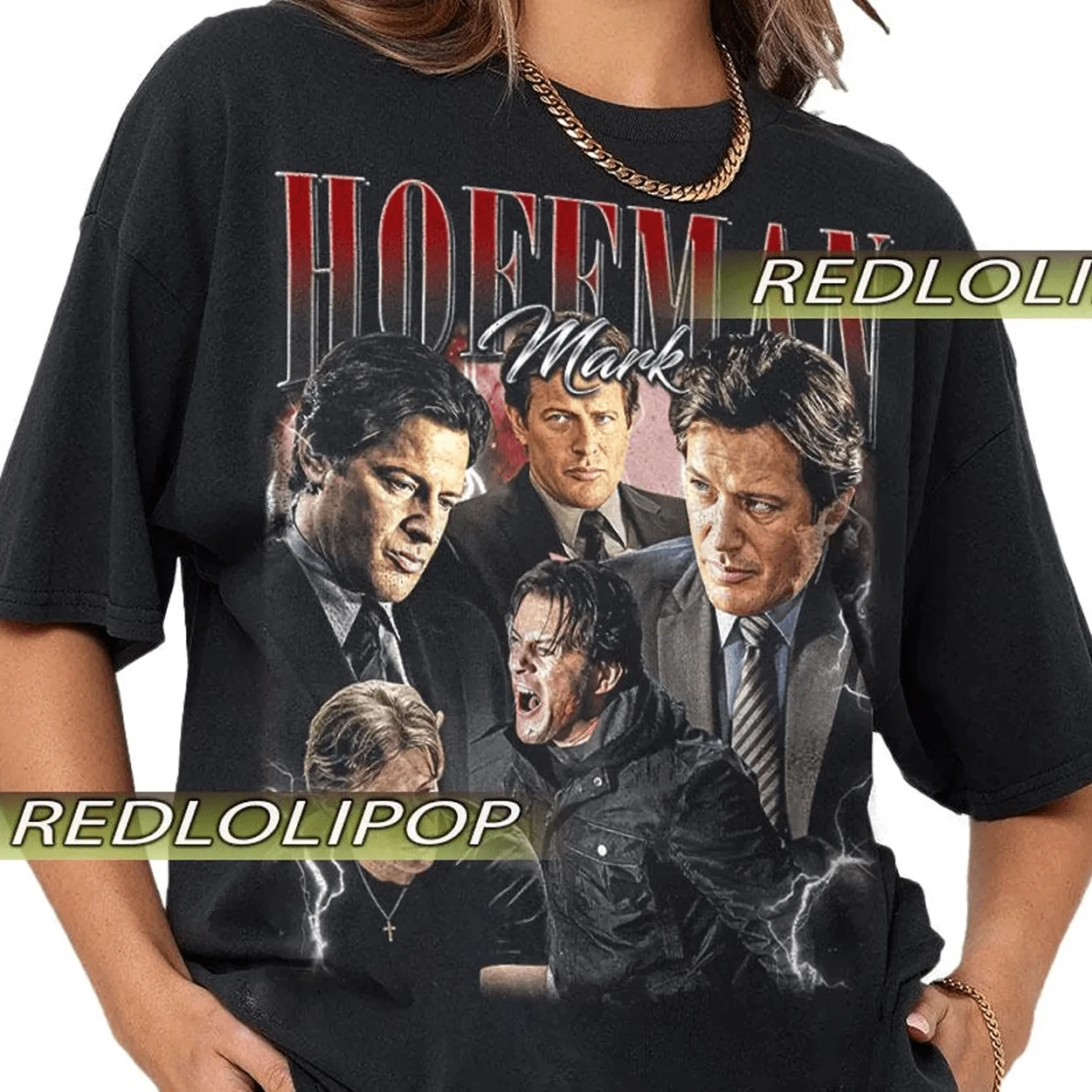 May Include A Black T-Shirt Featuring A Collage Of Mark Hoffman Images With The Name HOFFMAN In Red Lettering And Mark In White Lettering. The Shirt Has A Vintage, Worn Look, With A C - Black - View 1