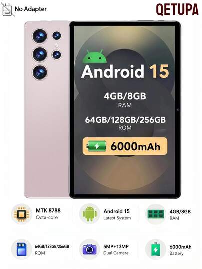 Qetupa 10,1" Android 15 Tablet mit Octa-Core-Prozessor 4GB/8GB RAM 64GB/128GB/256GB ROM HD IPS Touchscreen 6000mAh Akku, Wi-Fi 6, BT 5.4, 5MP+13MP Dual-Kamera (ohne Adapter)