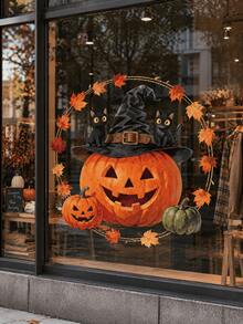 1pc Halloween Horror Pumpkin Witch Hat Black Cat Maple Leaf Window Sticker, Creative Self-Adhesive Removable Double-Sided Visible PVC Glass Decal, Suitable For Living Room Bedroom Dining Room Windows And Door Glass Decoration - A - View 3