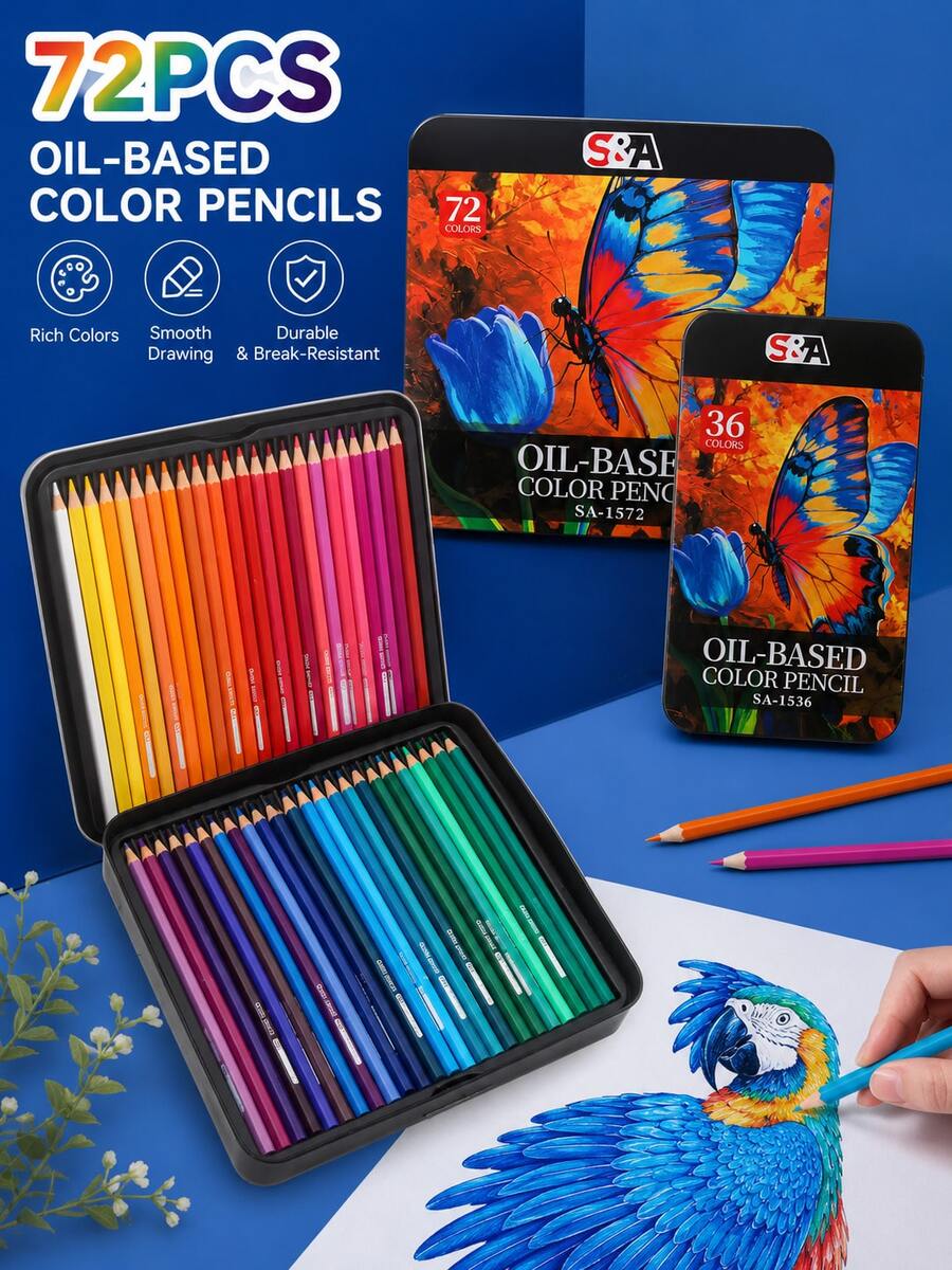 72pcs/36pcs/12pcs Oil-Based Colored Pencil Set With Durable Metal Box, Rich And Vibrant Colors, Smooth Application And Easy Blending, Pre-Sharpened Art Pencils For Drawing, Sketching, Shading And Illustration - Sets - View 1