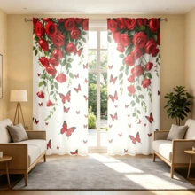 2 pièces Rideaux imprimés unilatéraux de roses rouges et papillons, style romantique de luxe, rideaux imprimés plats 2D, tissu 100% polyester, translucide, sans doublure, 90g/M², rideaux floraux, convient pour la décoration du salon, de la chambre, du balcon et des fenêtres, rideaux à poche pour tringle, rideaux uniquement, accessoires non inclus - Multicolore - Voir 7