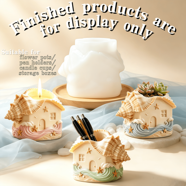 Ocean Wind And Waves Embossed Conch Small House Shape Homemade Pen Holder Flower Pot Candle Cup Silicone Mold Home Desktop Decoration Suitable As Holiday Gifts For Family And Friends Sea Shell Hut Creative Pen Holder Mold