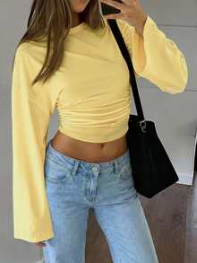 新款時尚純色荷葉邊個性化優雅長袖圓領上衣，適用於度假、約會、校園、旅行、日常穿著 - 黃色 - 查看 4