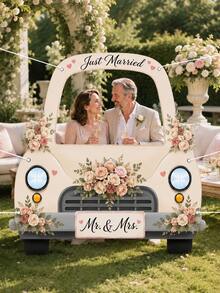 1pc-Just Married Photo Booth Frame, Wedding Car Selfie Frame Backdrop Cutout, Romantic Rose Floral Picture Prop Banner For Bridal Shower Engagement Party Decor - 1pc - View 9