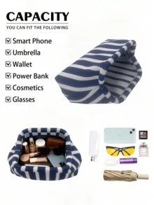 Hollow Blue And White Knitted Striped Clutch, Summer Beach Bag, Purses And Bags For Women, Makeup Bag, Handbag, Holiday Gift - Blue and White - View 9